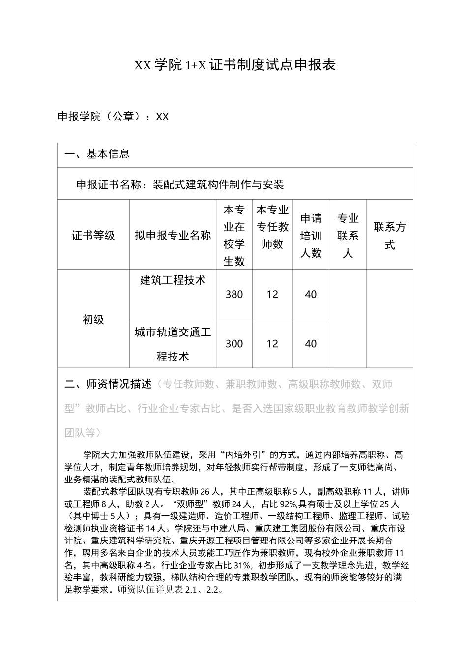 XX学院1+X证书制度试点申报表-装配式建筑构件制作与安装(初级)_第1页