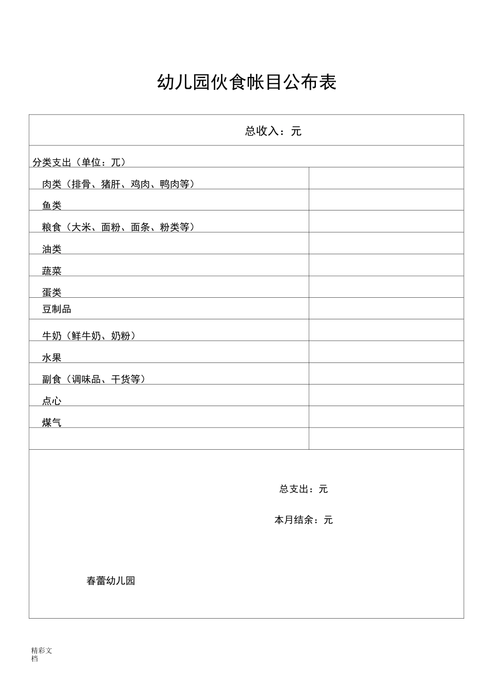 幼儿园的伙食帐目公布表_第1页