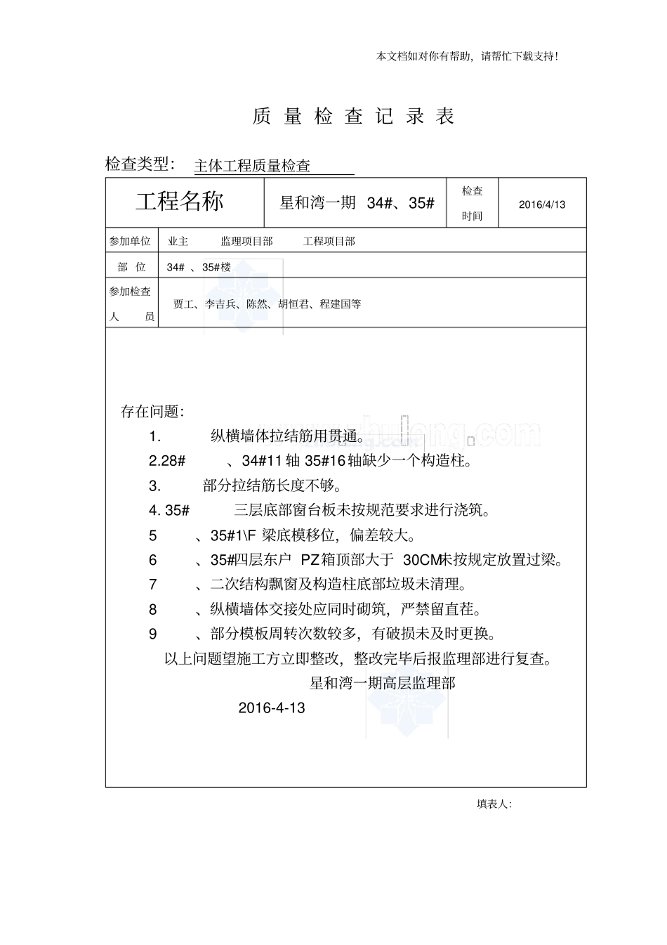 监理项目部定期安全检查记录表_第1页