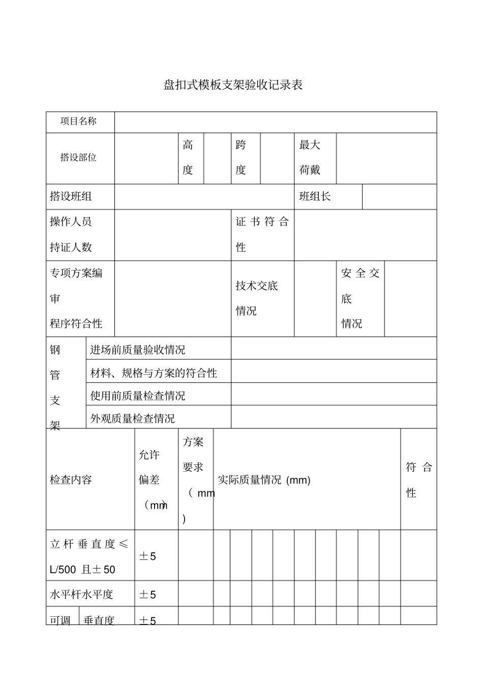 盘扣式模板支架验收记录表_第1页