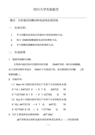 目的基因双酶切和电泳纯化胶回收试验报告