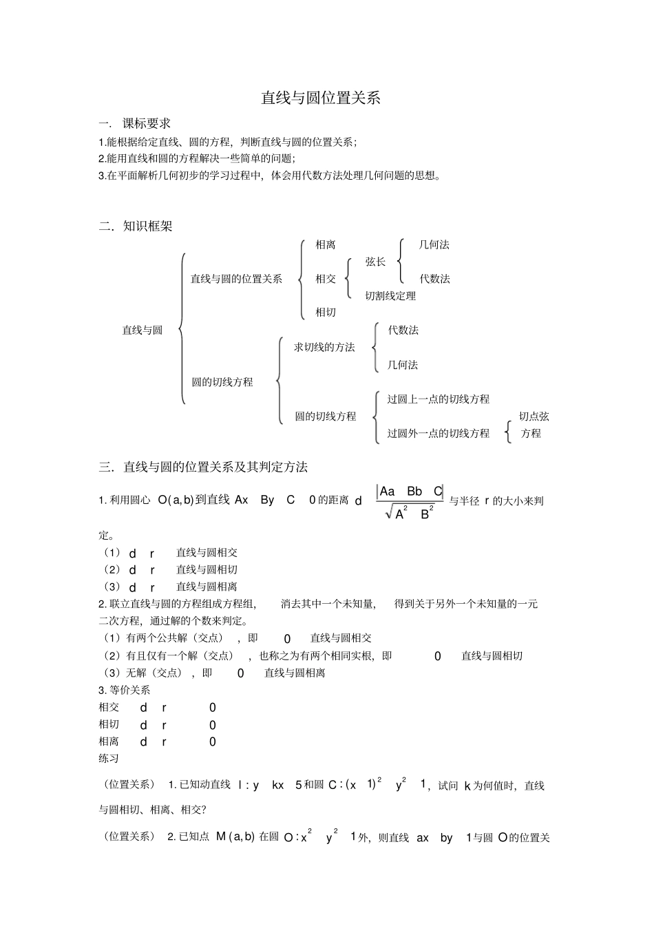 直线与圆位置关系知识点与经典例题_第1页