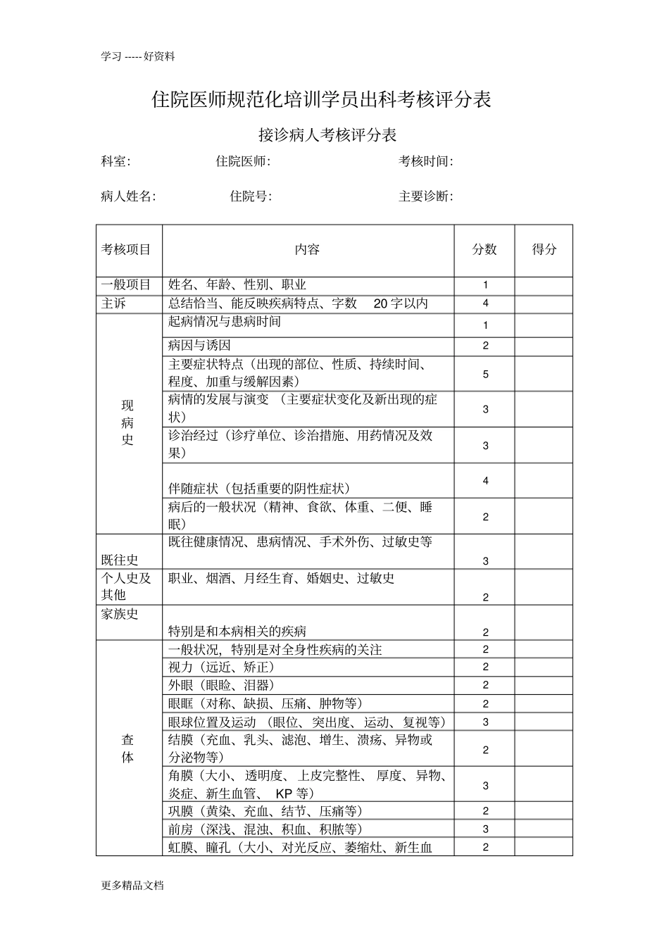眼科医院-出科考核评分表演示教学_第1页