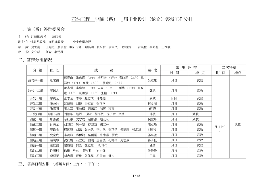 石油工程学院2018届毕业设计答辩工作安排_第1页