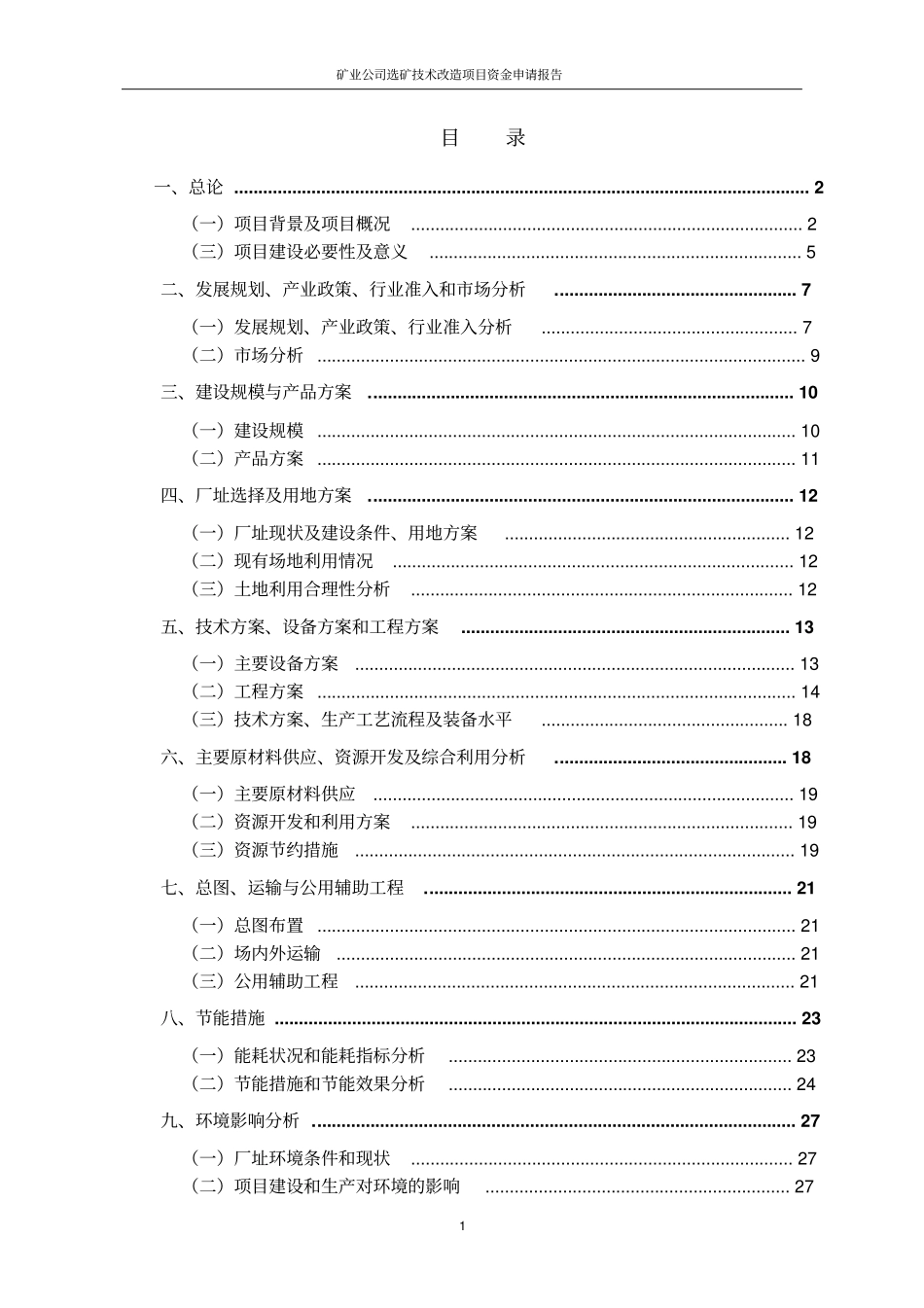 矿业公司选矿技术改造项目资金申请报告_第1页