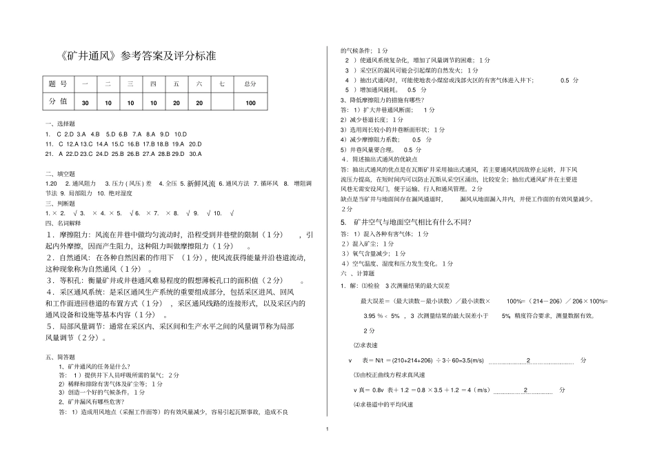 矿井通风模拟试卷参考答案及评分标准_第1页