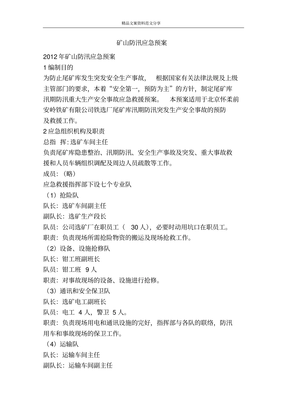 矿山防汛应急预案-精品文案范文_第1页