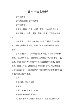 破产申请书模板