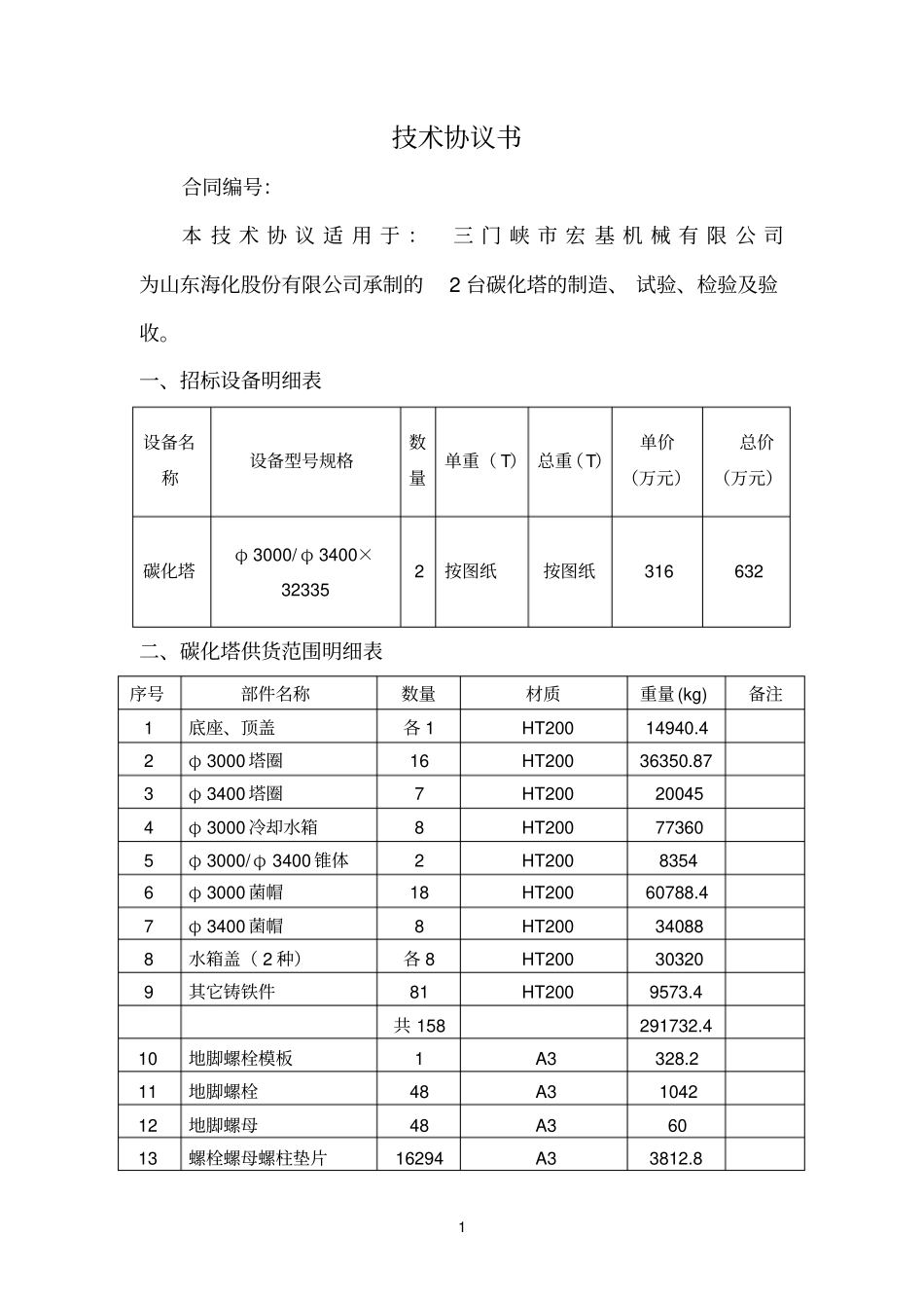 碳化塔招标技术协议宏基_第1页