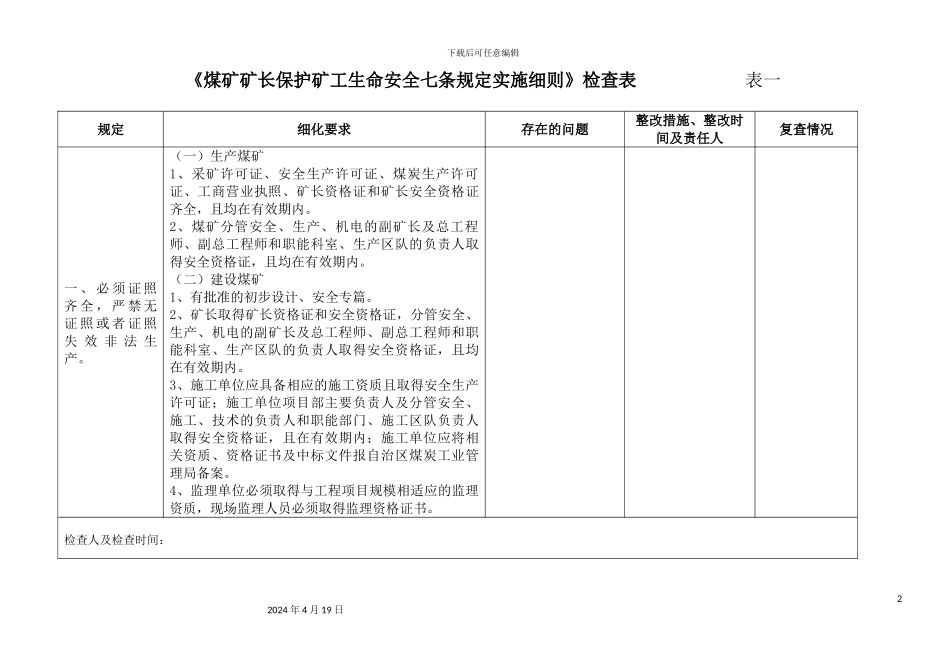 煤矿矿长保护矿工生命安全七条规定实施细则检查表_第2页