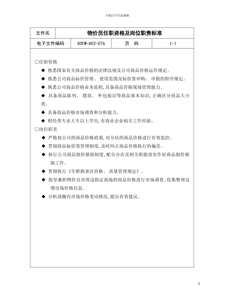 物价员任职资格及岗位职责标准模板_第2页