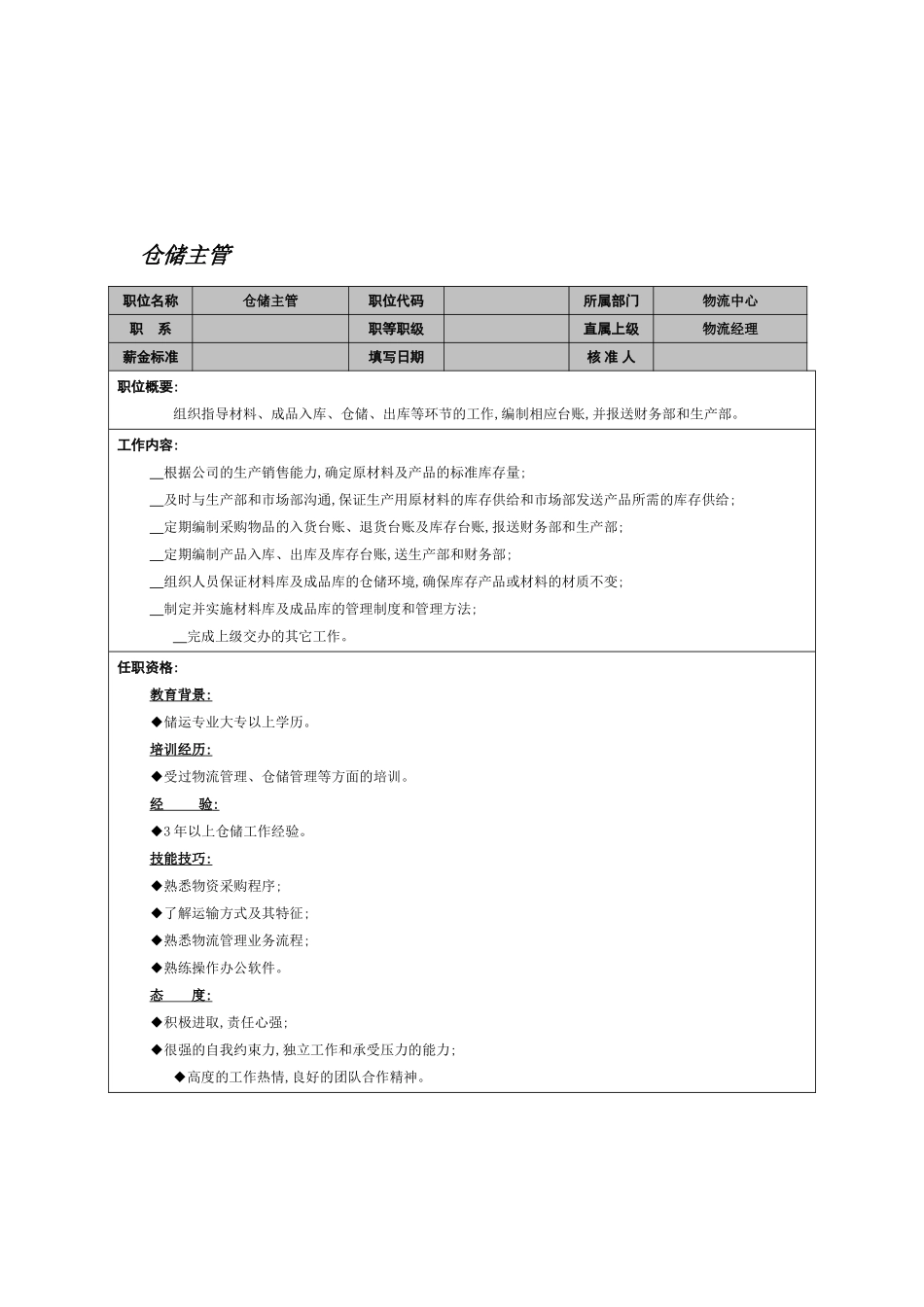 物流中心仓储主管岗位职责_第2页