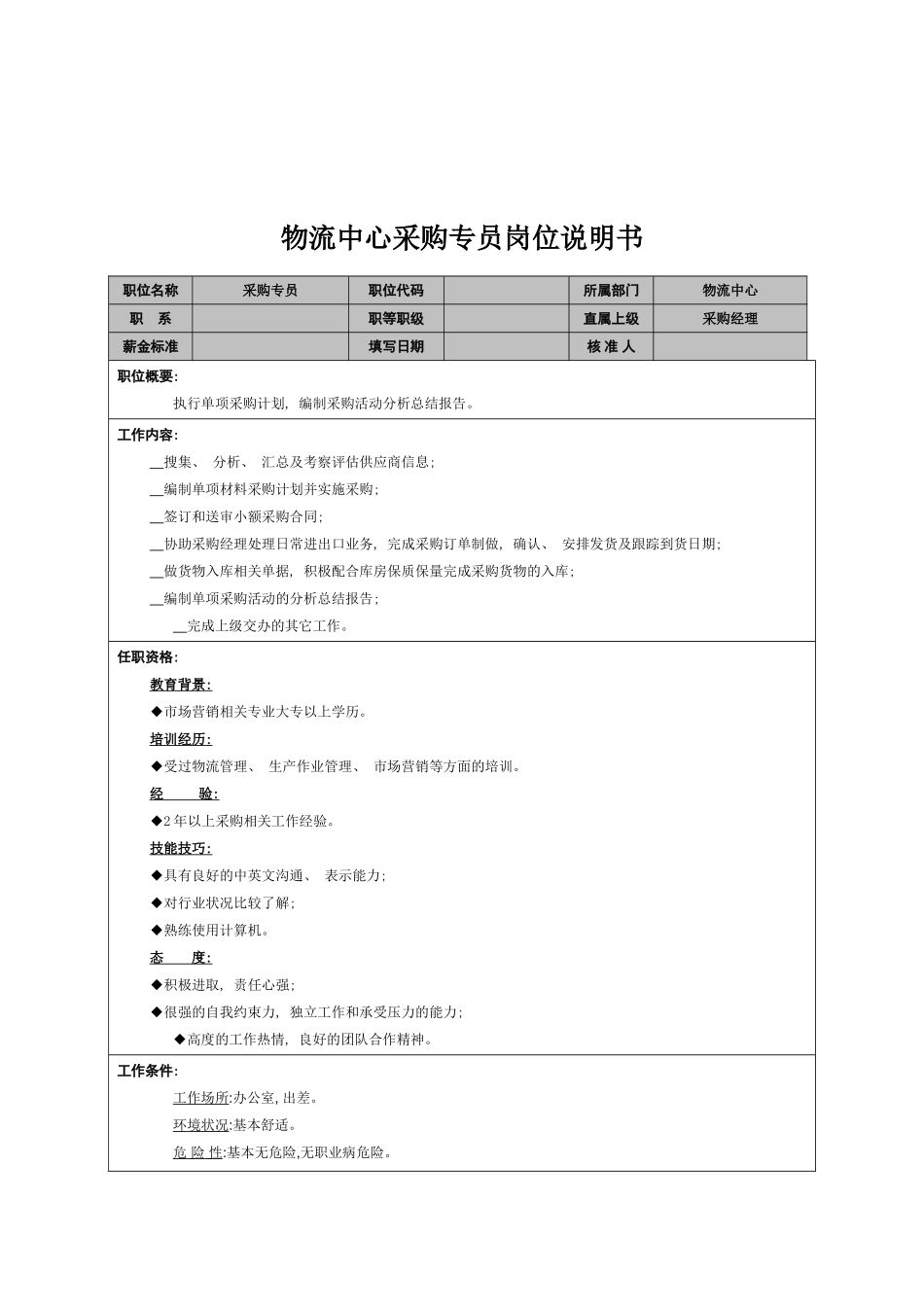 物流中心采购专员岗位说明书模板_第2页