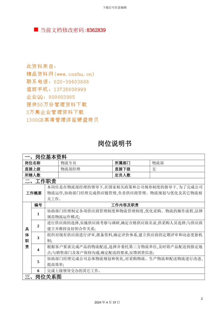 物流公司物流专员岗位职务说明书_第2页