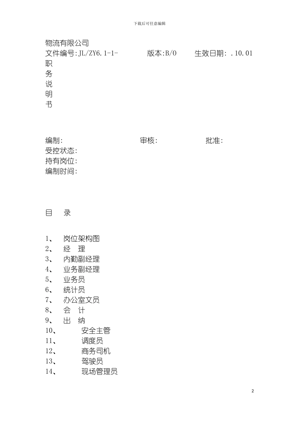 物流有限公司职务说明书模板_第2页