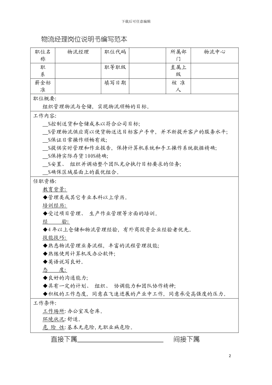 物流经理岗位说明书编写范本模板_第2页