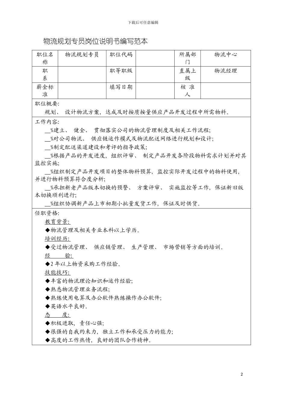 物流规划专员岗位说明书编写范本模板_第2页