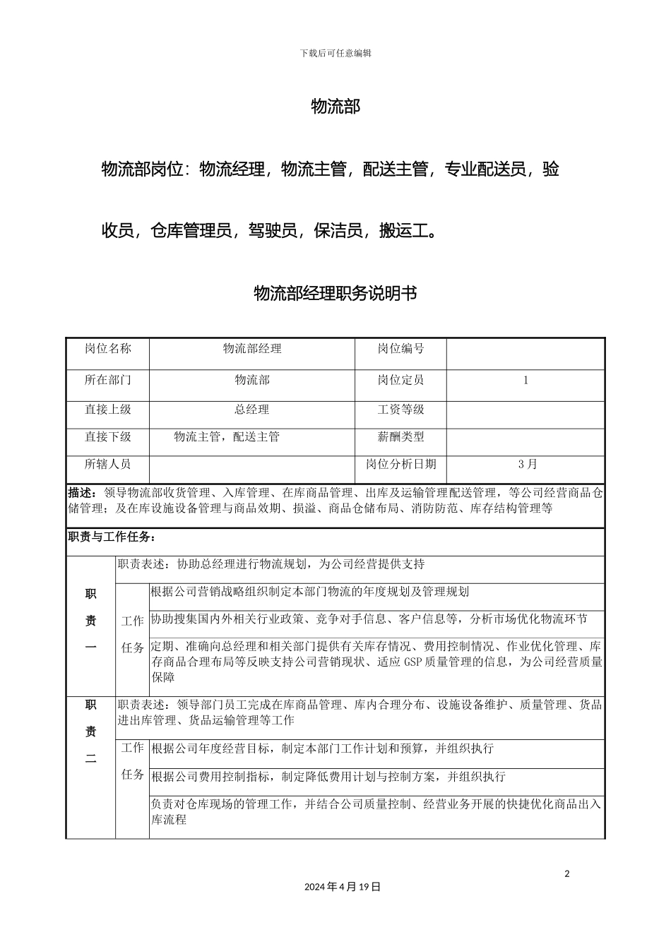 物流部岗位说明书样本_第2页