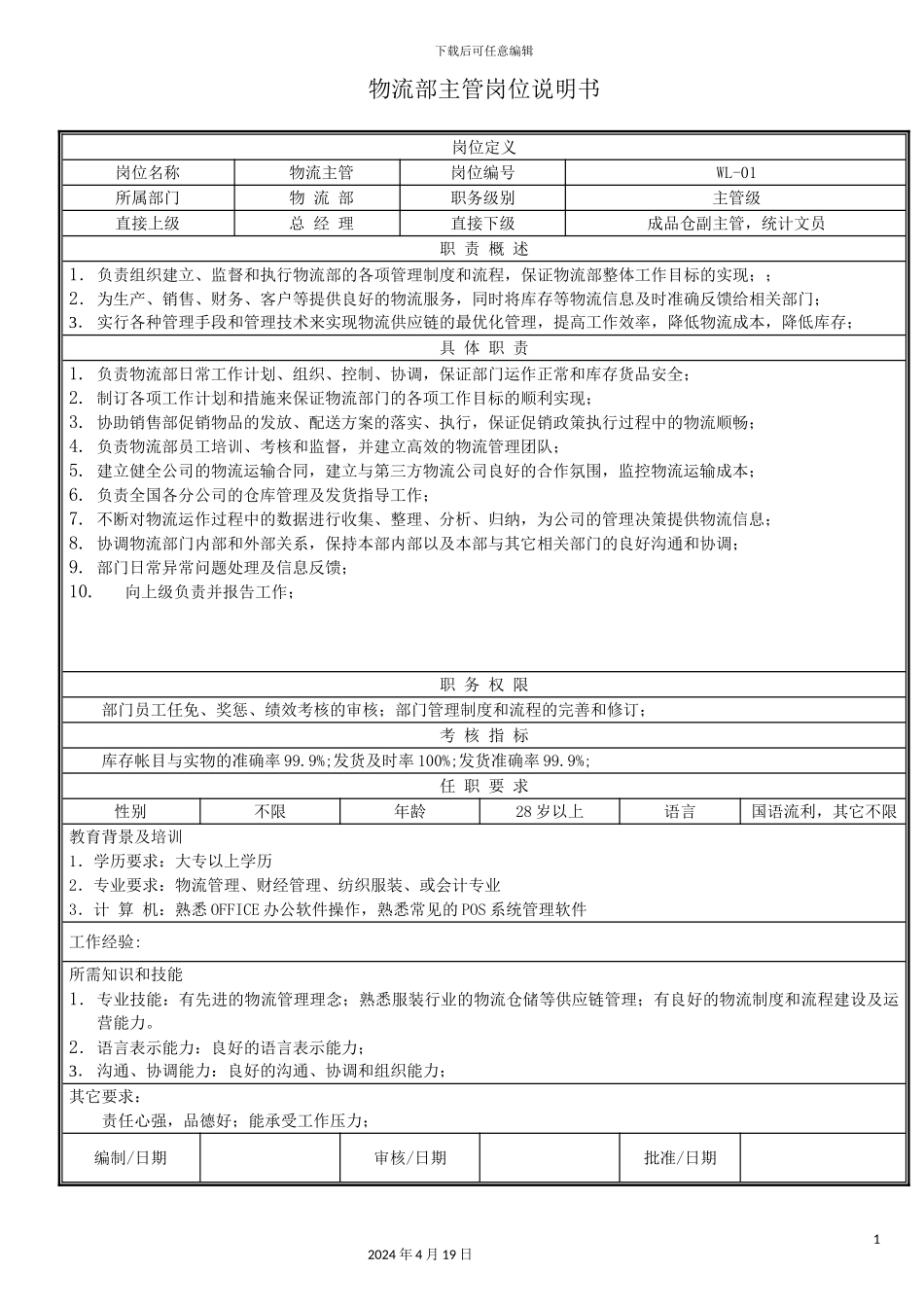 物流部岗位说明书样本_第2页