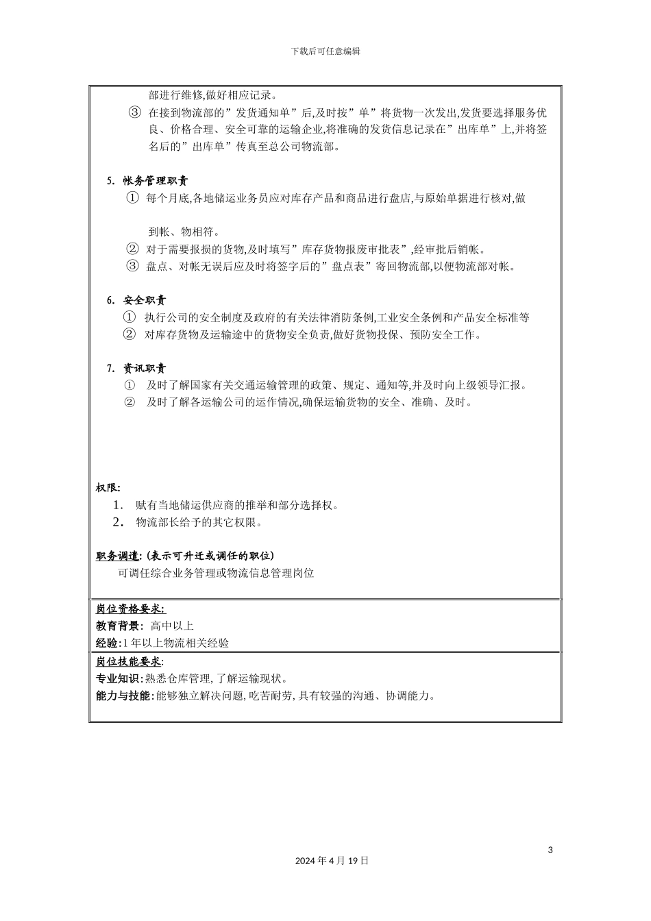 物流部储运业务员岗位职责_第3页