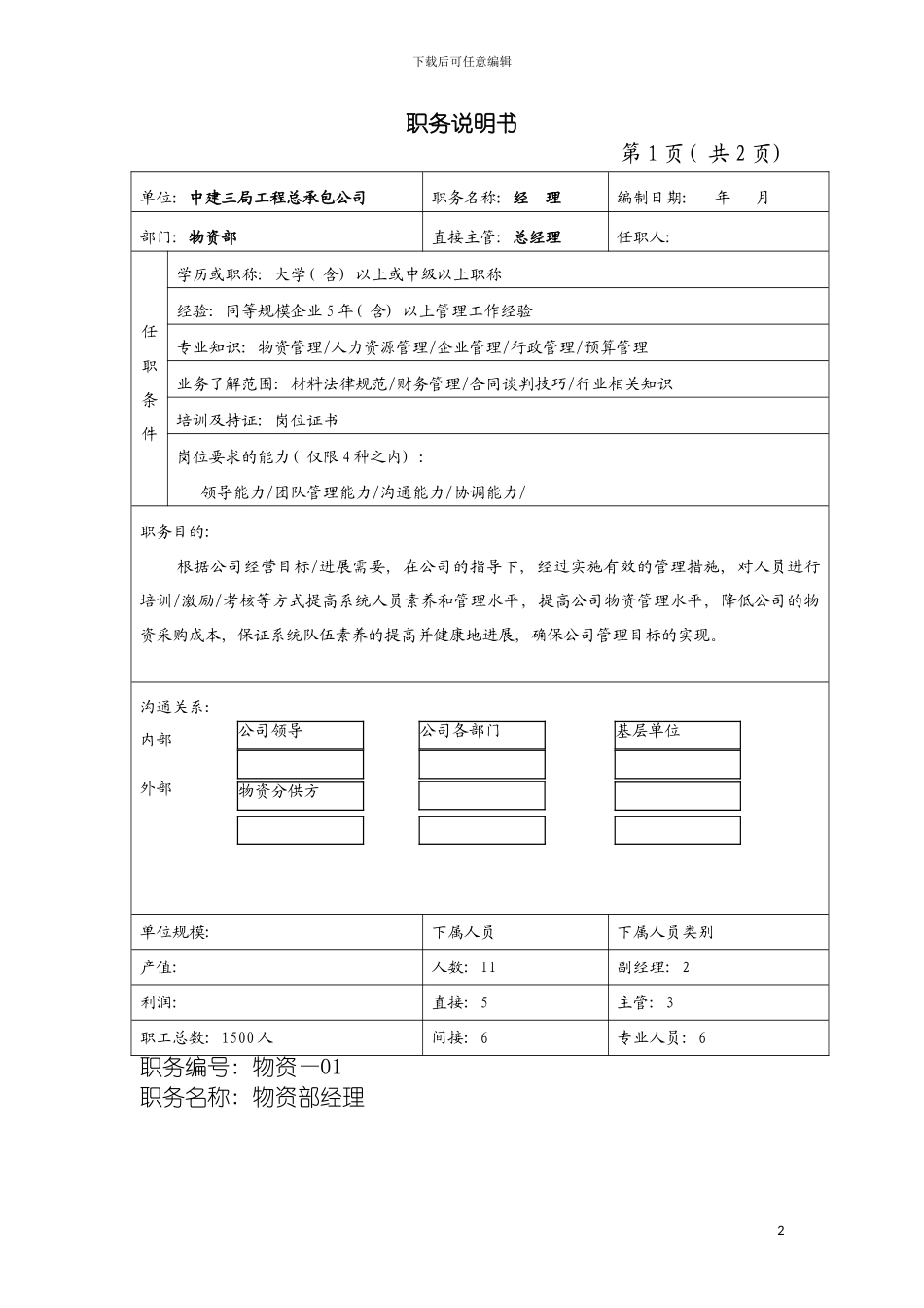 物资部职务说明书模板_第2页