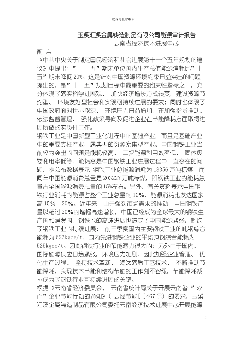 玉溪汇溪金属铸造制品有限公司能源审计报告模板_第2页