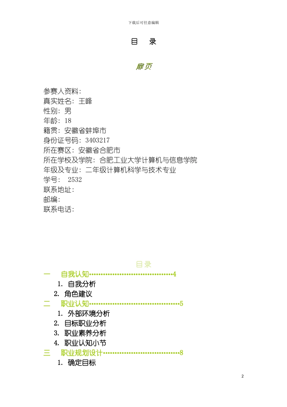 王峰职业规划设计书模板_第2页