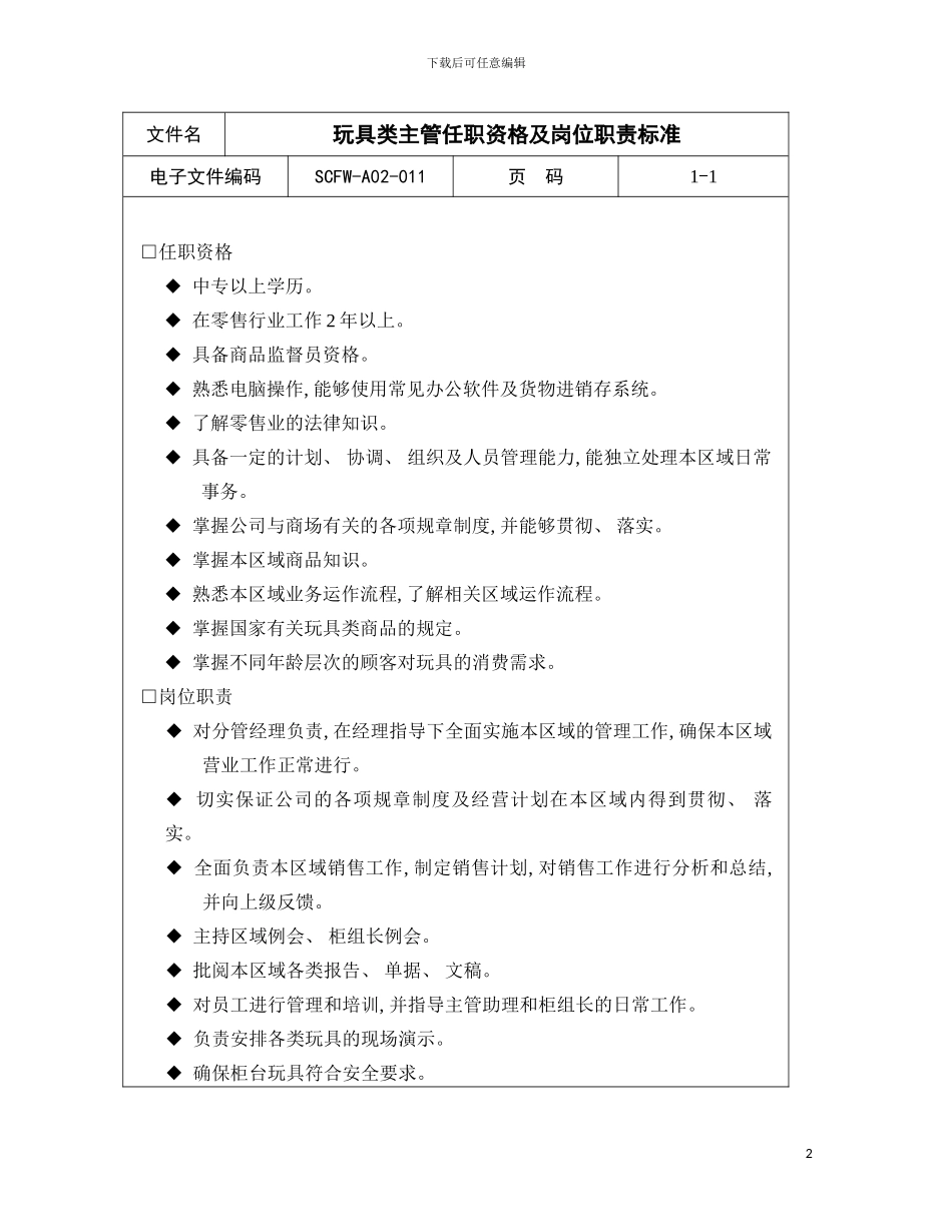 玩具类主管任职资格及岗位职责标准模板_第2页
