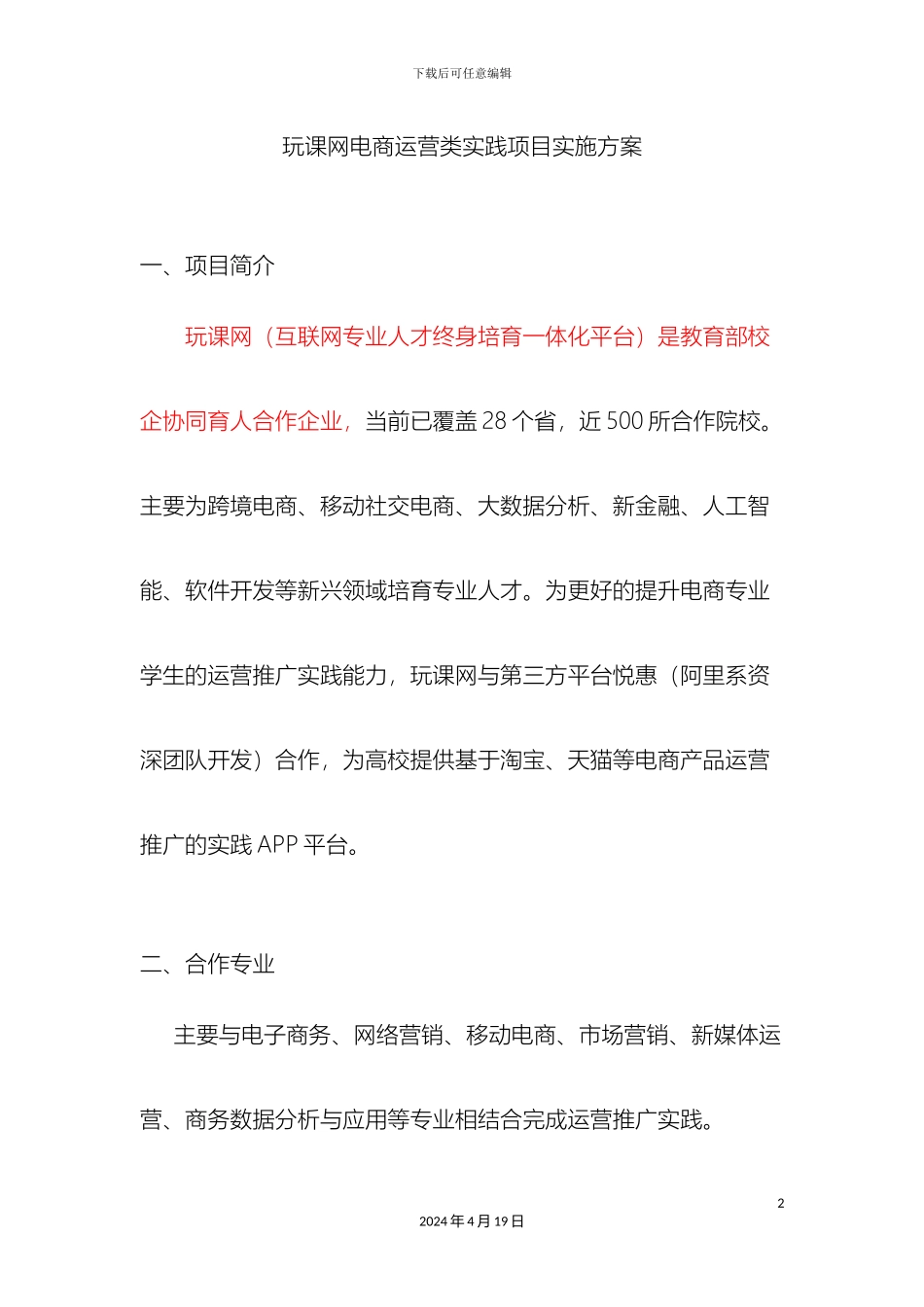 玩课网电商运营类实践项目实施方案模板_第2页
