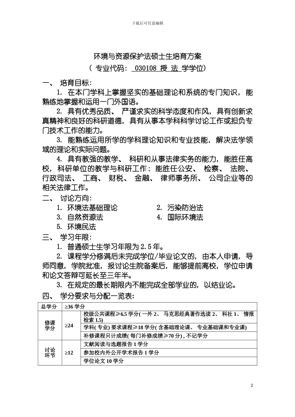环境与资源保护法硕士生培养方案模板_第2页