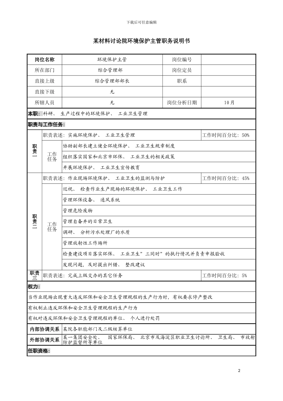 环境保护主管职务说明书模板_第2页