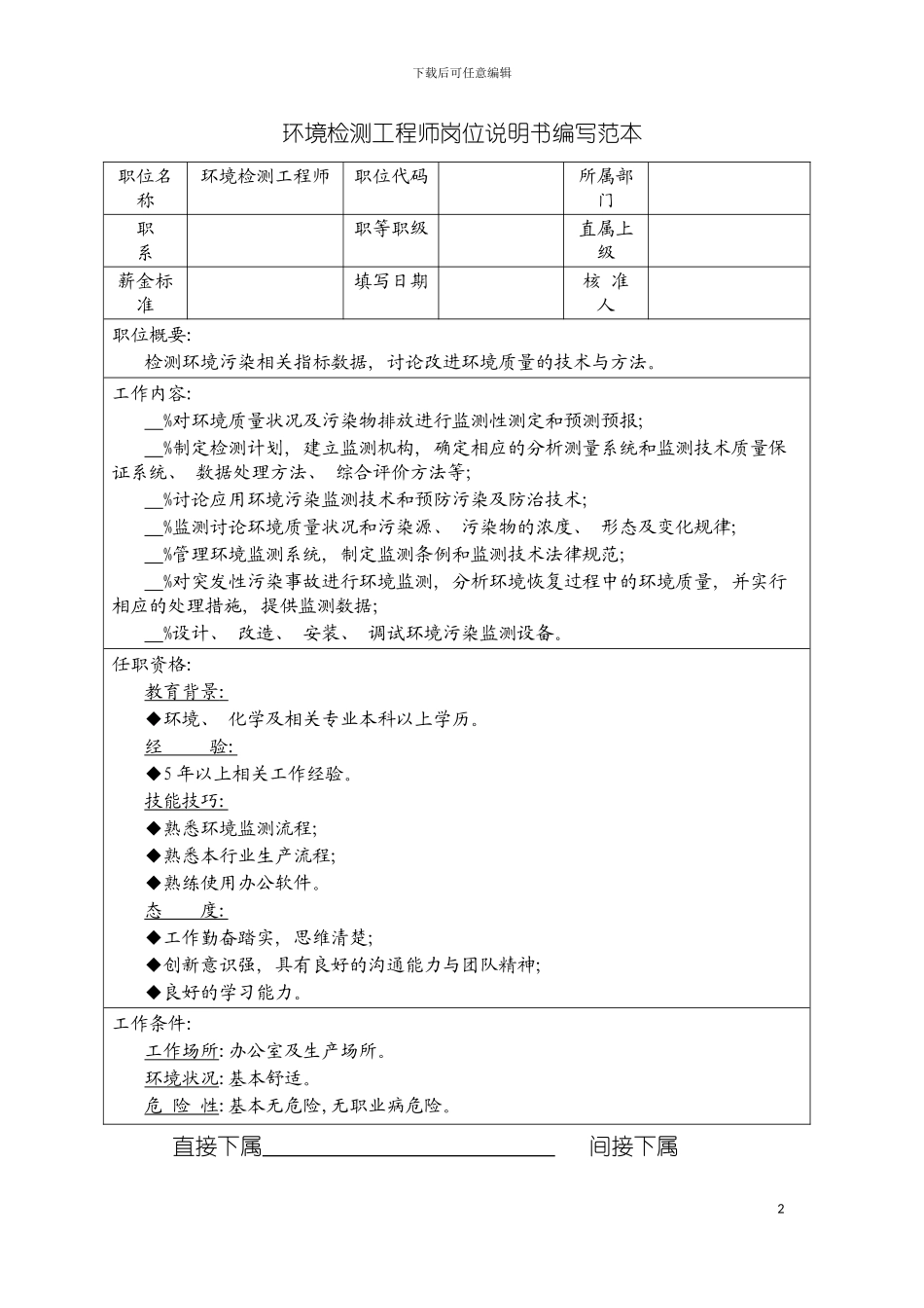 环境检测工程师岗位说明书编写范本模板_第2页
