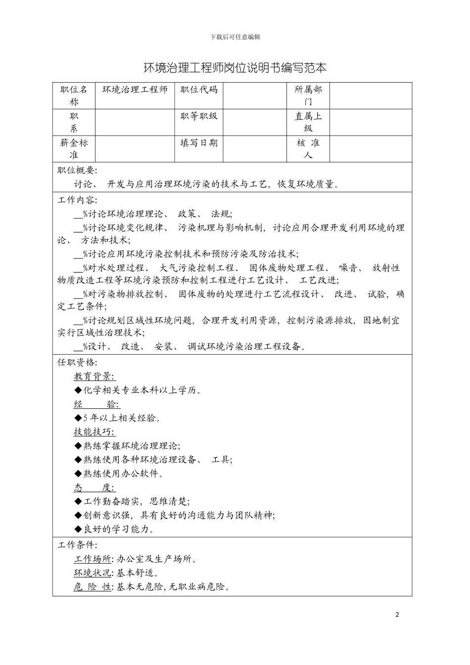 环境治理工程师岗位说明书编写范本模板_第2页