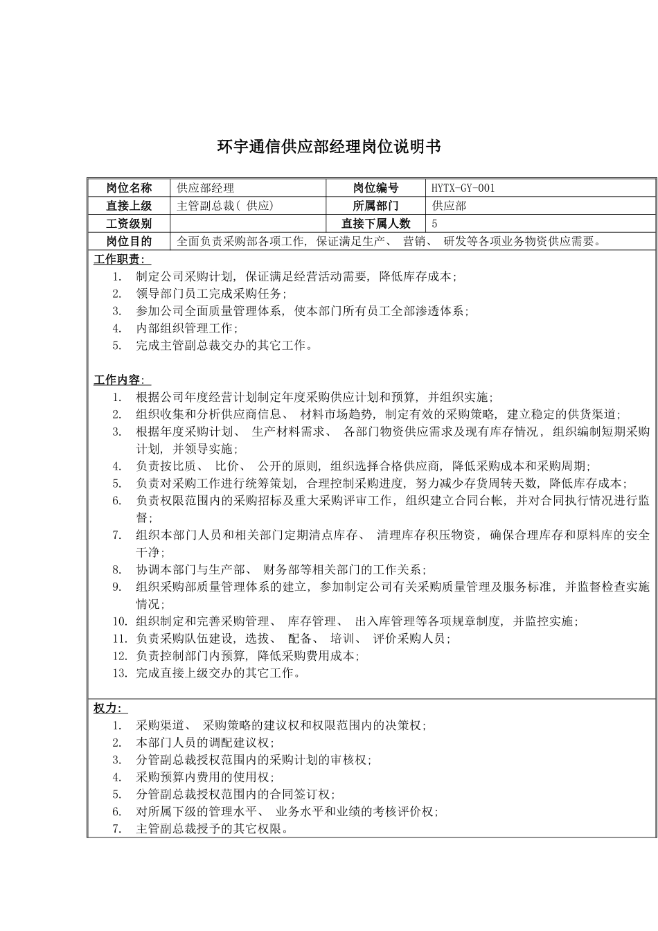 环宇通信供应部经理岗位说明书模板_第2页