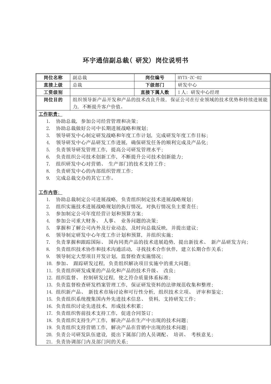 环宇通信副总裁研发岗位说明书模板_第2页