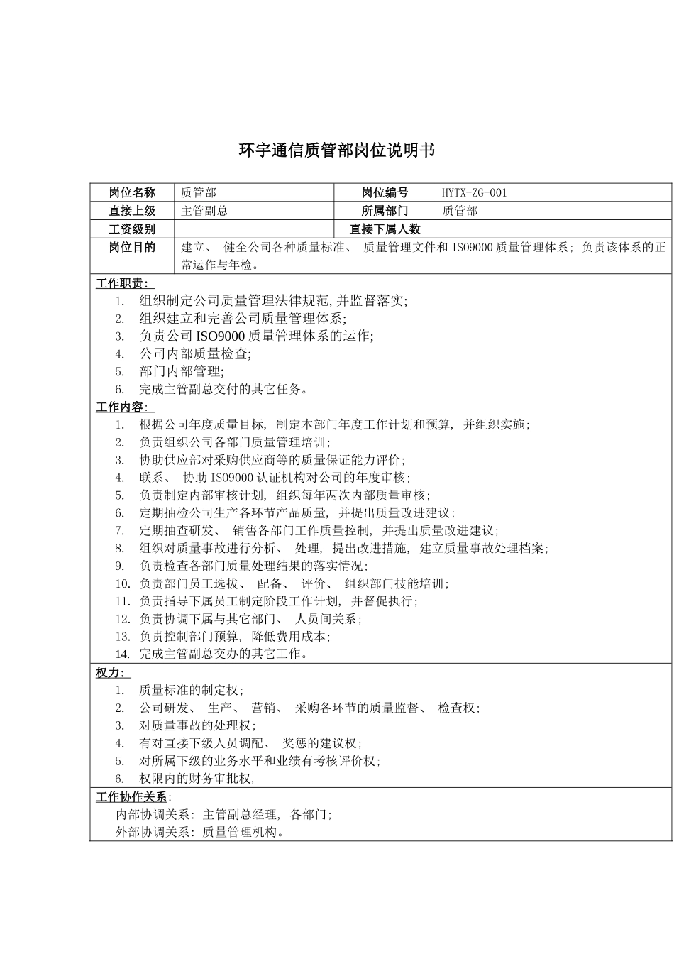 环宇通信质管部岗位说明书模板_第2页