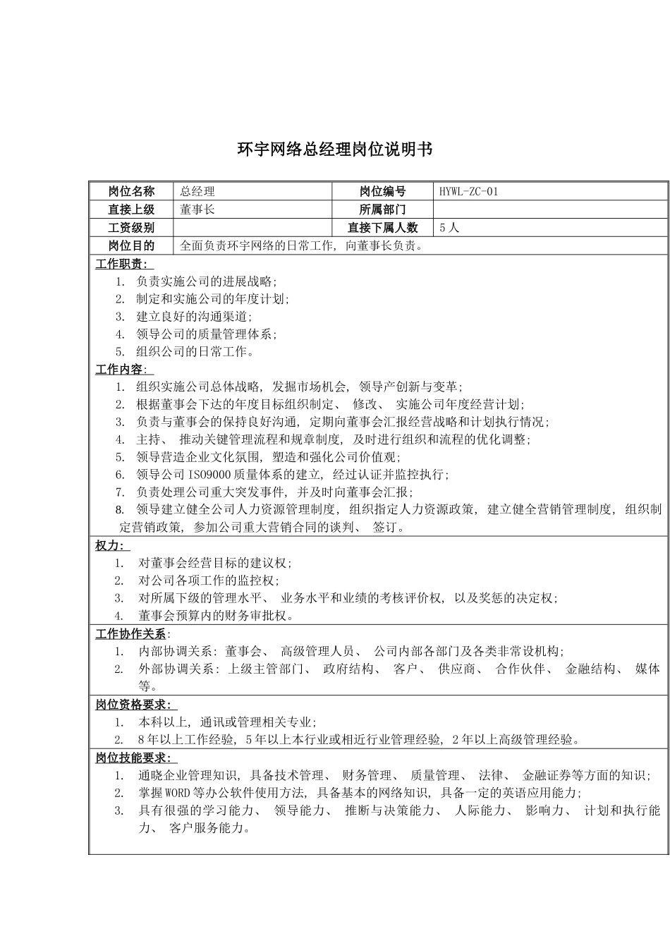 环宇网络总经理岗位说明书模板_第2页