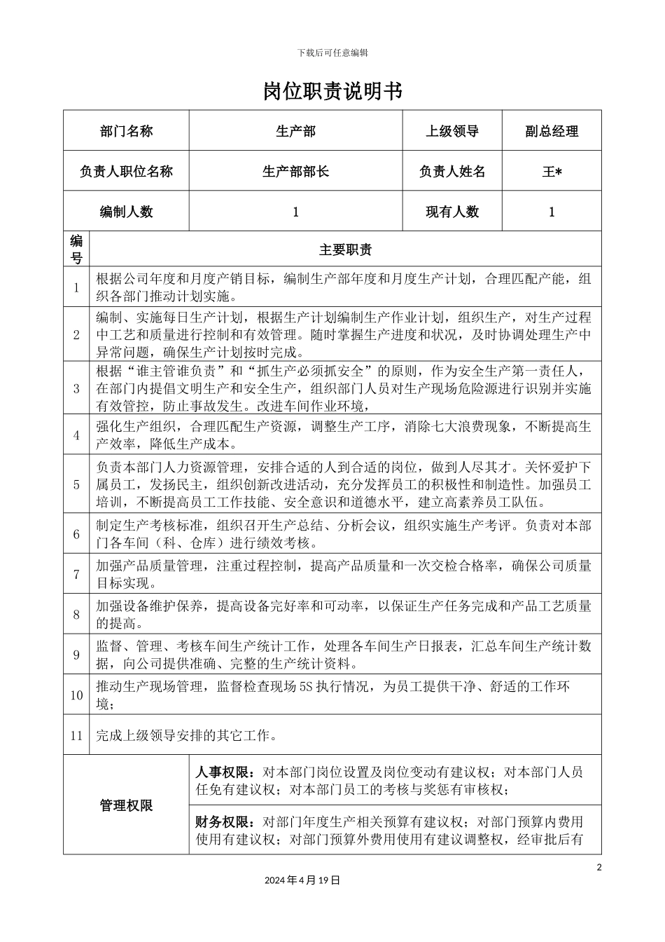 生产部长岗位职责说明书和KPI指标_第2页