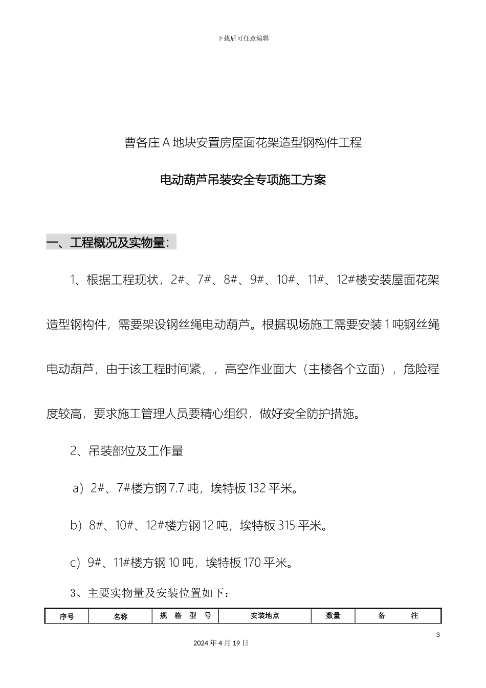 电动葫芦吊装材料方案_第3页