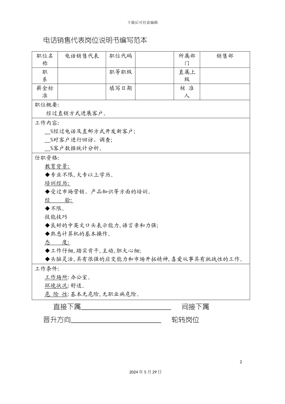 电话销售代表岗位说明书编写范本_第2页