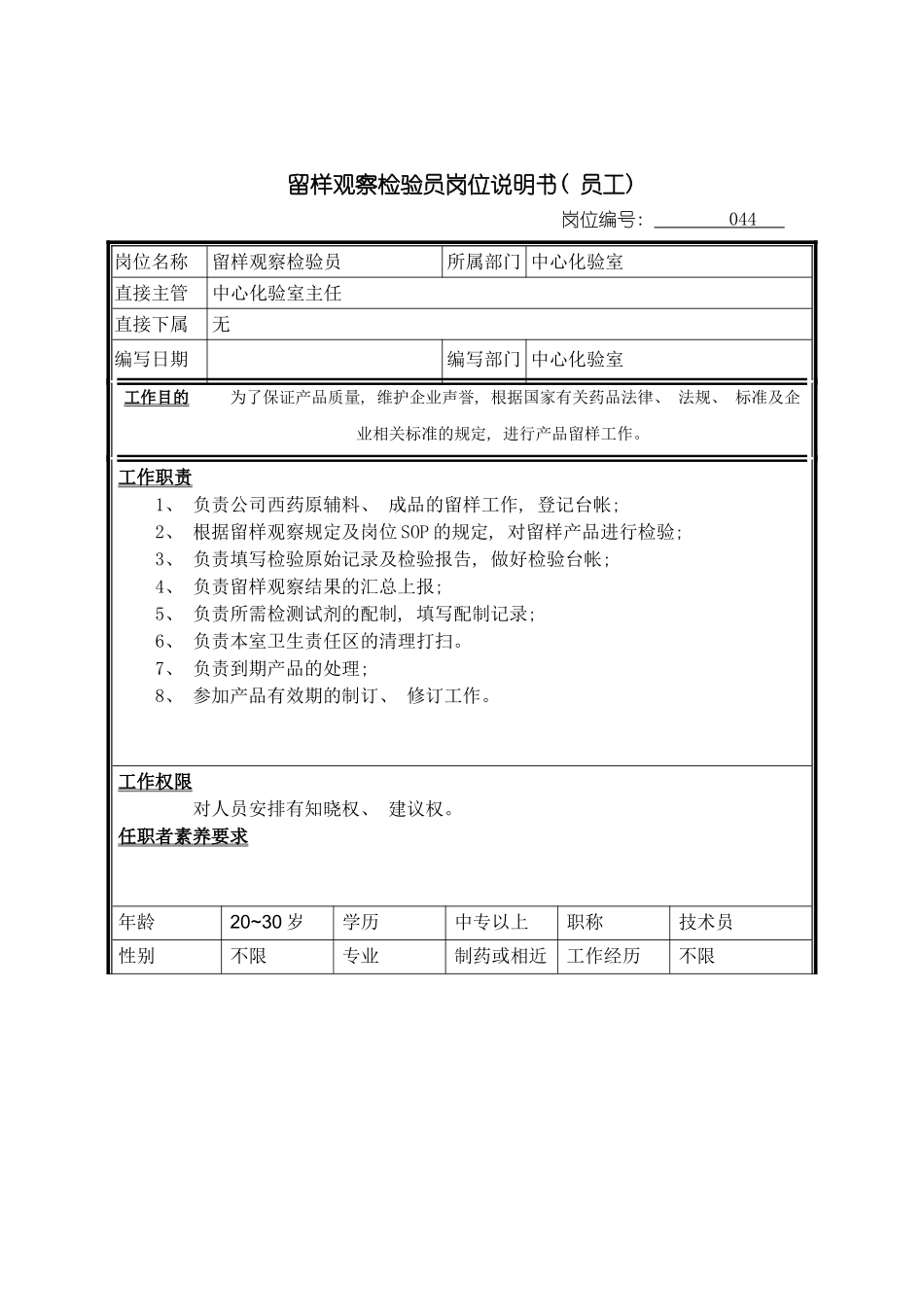 留样观察检验员岗位说明书模板_第2页