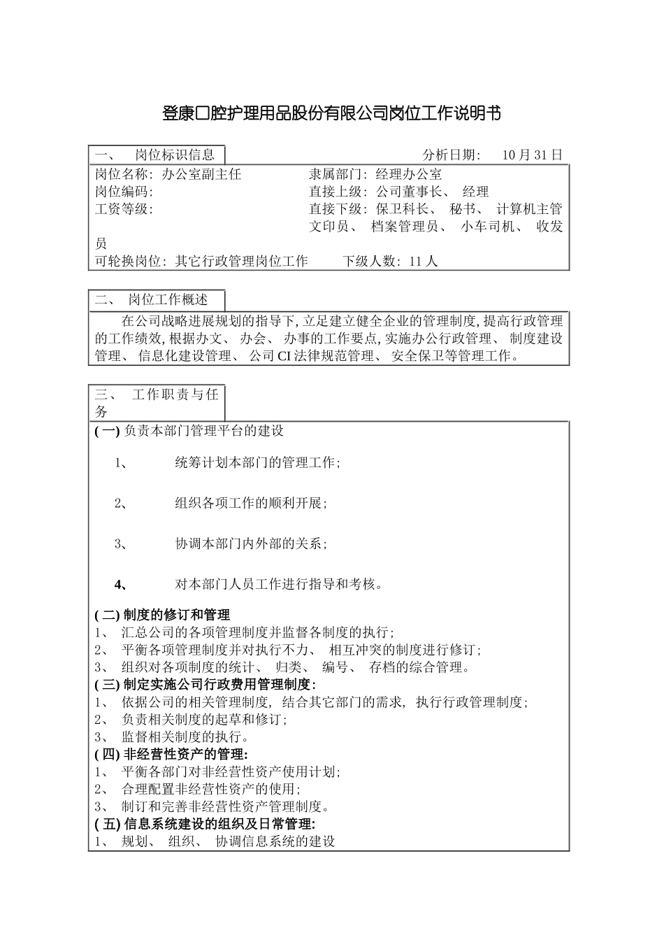 登康口腔护理用品股份有限公司办公室副主任(未来岗位)岗位工作说明书模板_第3页