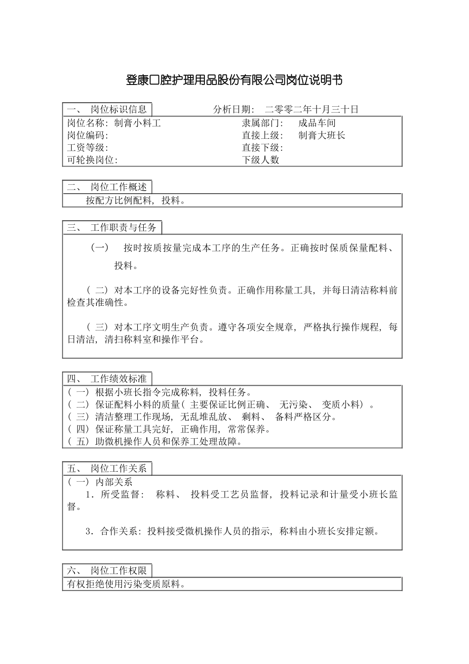 登康口腔护理用品股份有限公司小料工岗位说明书模板_第2页