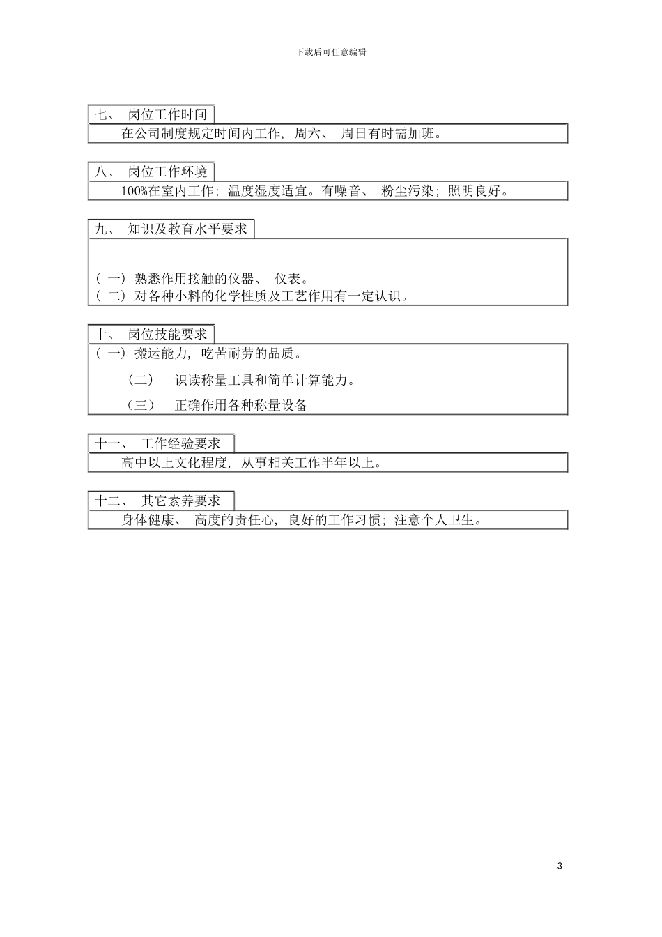 登康口腔护理用品股份有限公司小料工岗位说明书模板_第3页