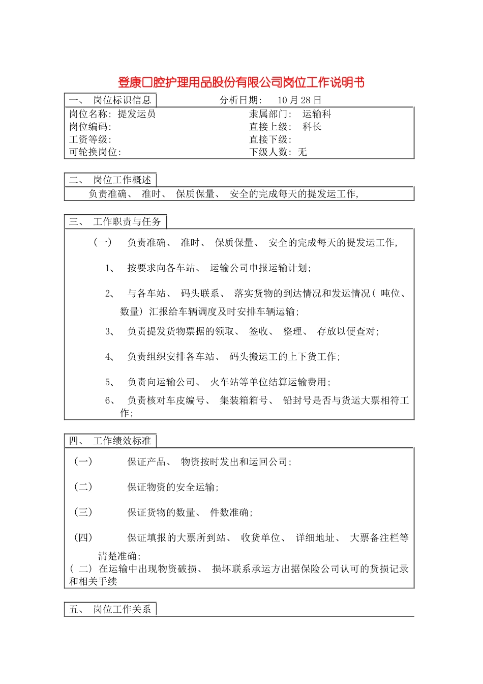登康口腔护理用品股份有限公司提发运员岗位工作说明书模板_第2页