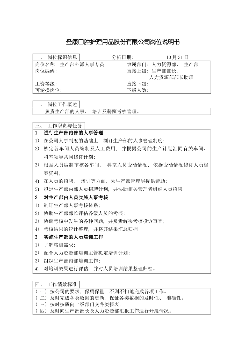 登康口腔护理用品股份有限公司生产部外派人事专员岗位说明书模板_第2页