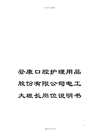 登康口腔护理用品股份有限公司电工大班长岗位说明书