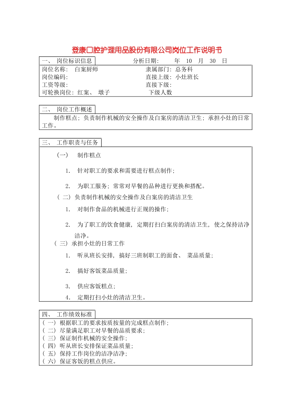 登康口腔护理用品股份有限公司白案厨师岗位工作说明书模板_第2页
