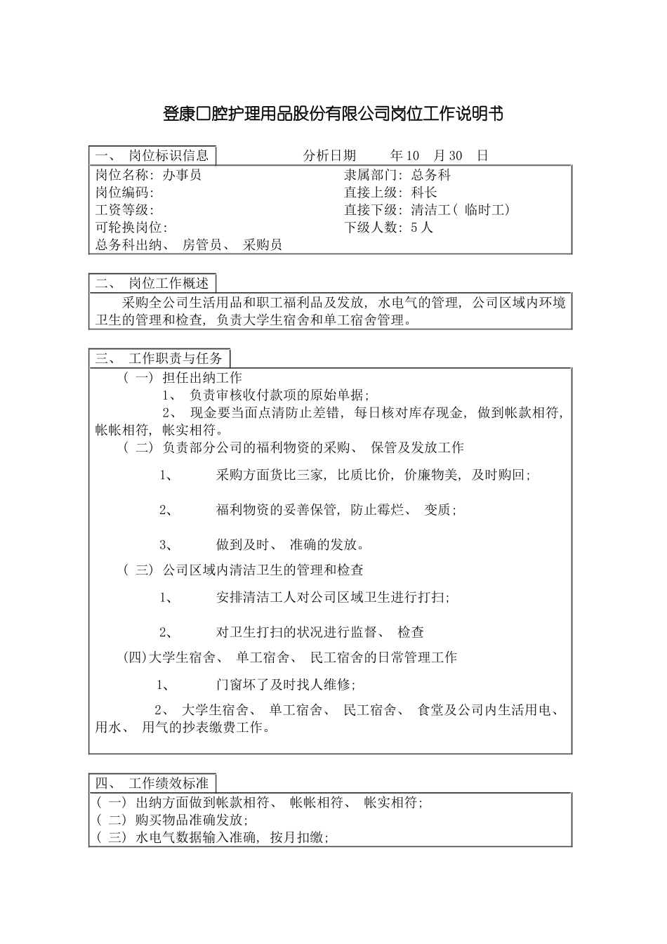 登康口腔护理用品股份有限公司办事员岗位工作说明书模板_第2页