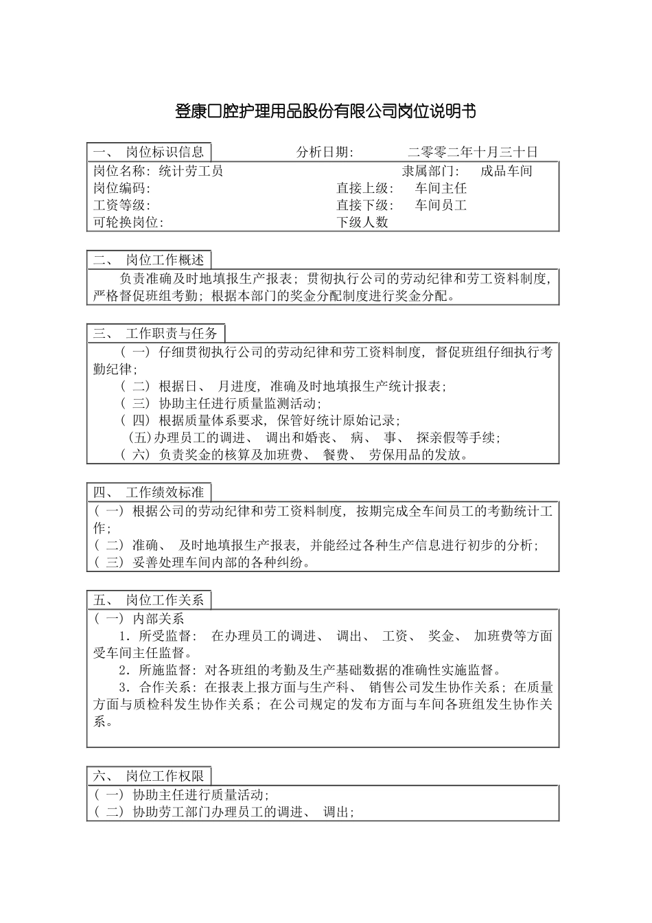 登康口腔护理用品股份有限公司统计劳工员岗位说明书模板_第2页